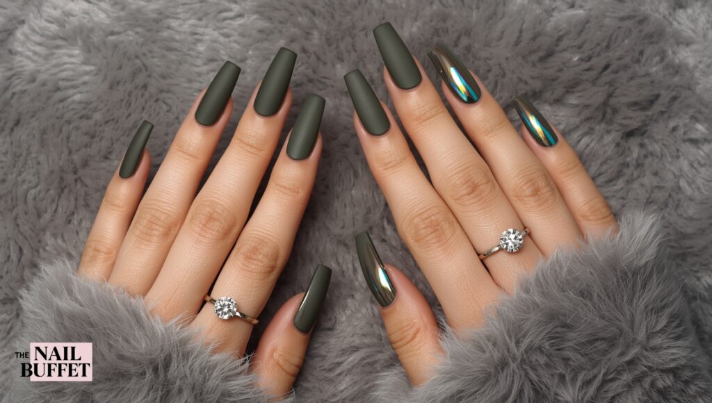 Dark Olive Chrome Nails