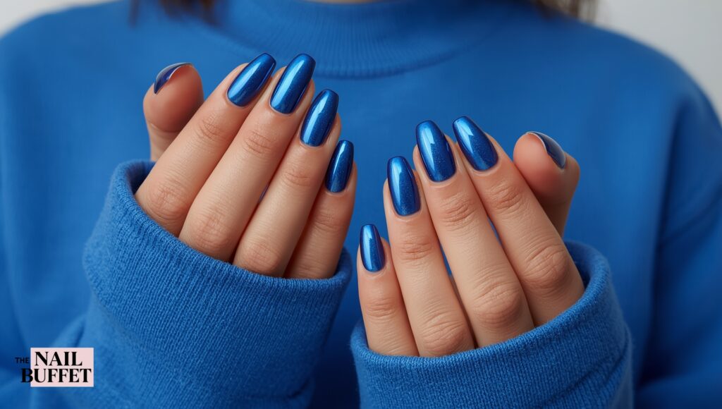 Solid Dark Blue Chrome Nails