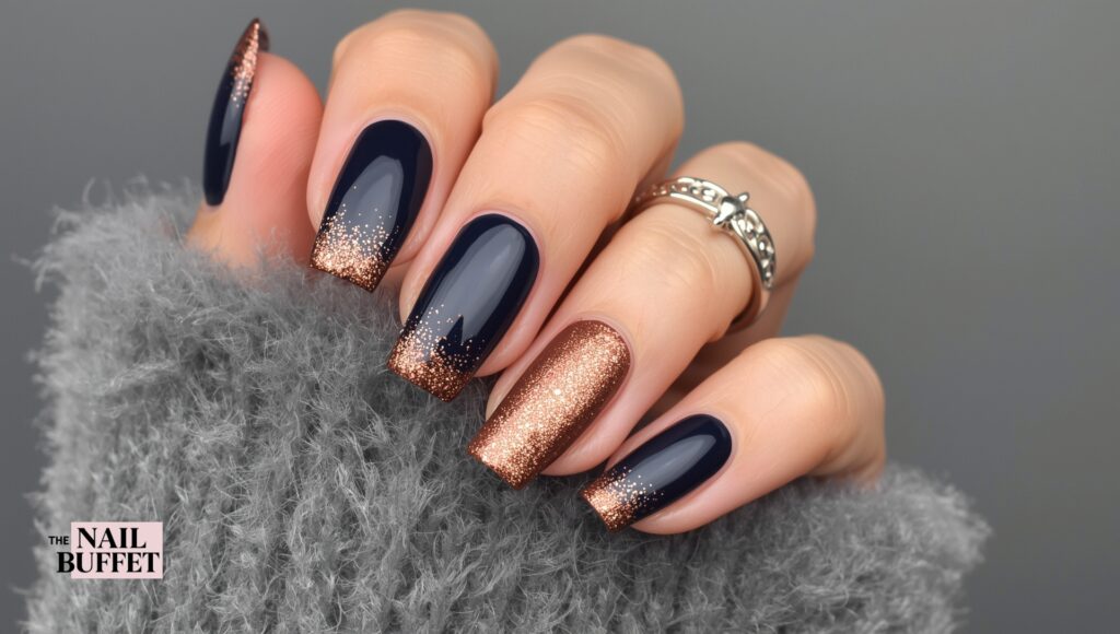 Blue Fall Nails with Copper Glitter
