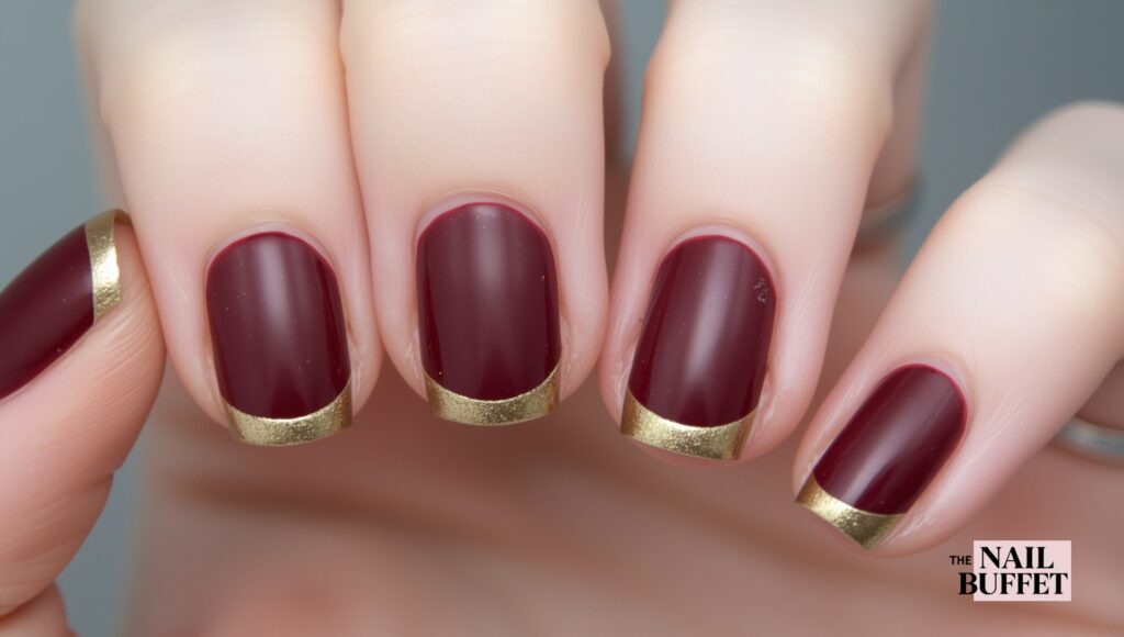 Burgundy Chrome Short Nails with Gold Accents