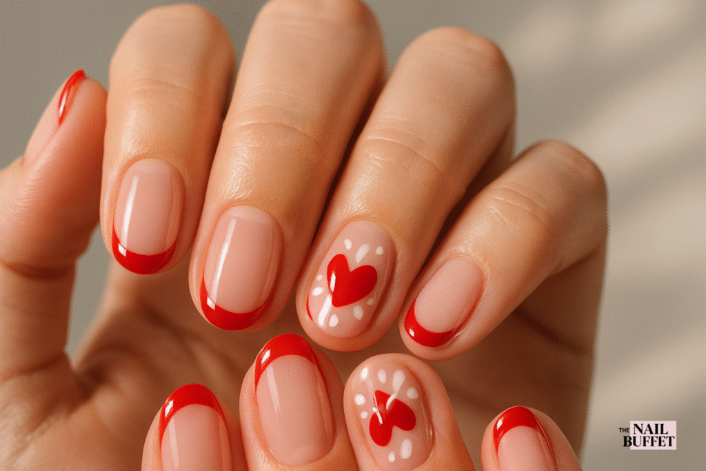 Red French Manicure With Heart Accents