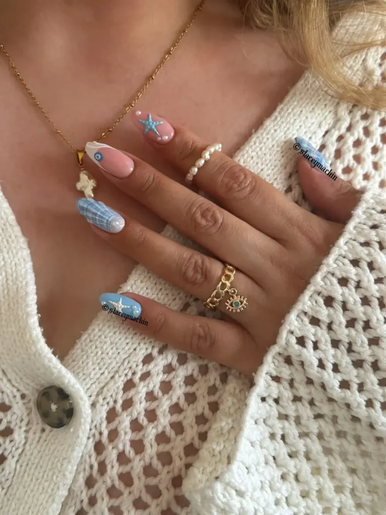 Blue Beach Nails With Mermaid Nail Art
