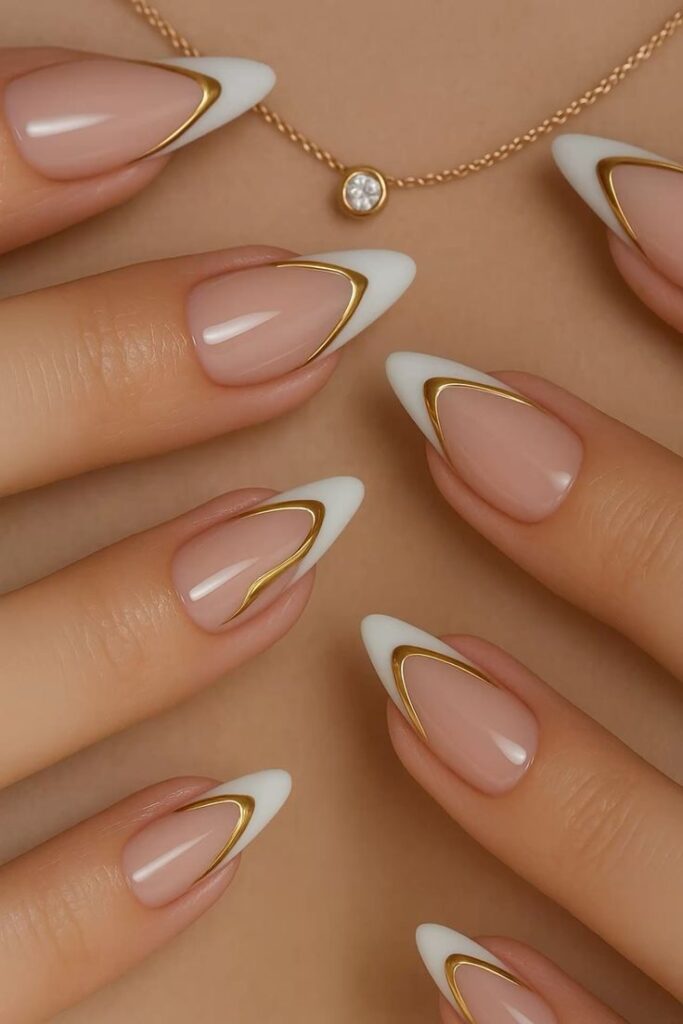 French Manicure With Gold Design
