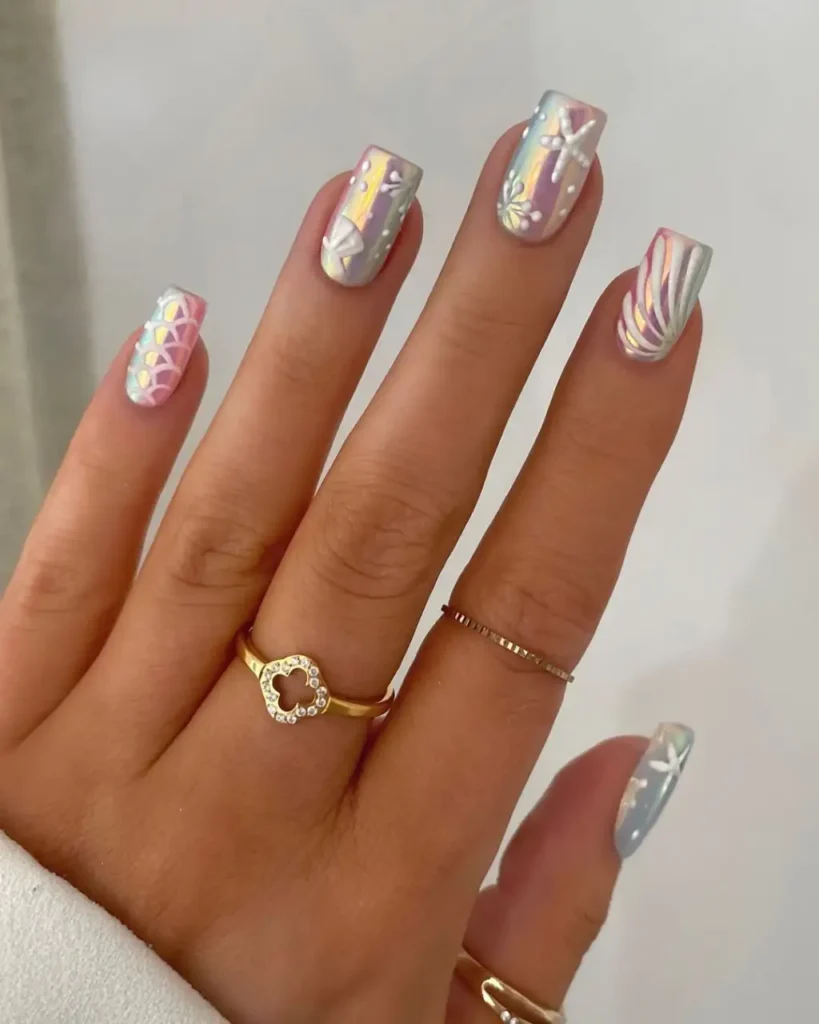 Iridescent Mermaid Themed Beach Nails