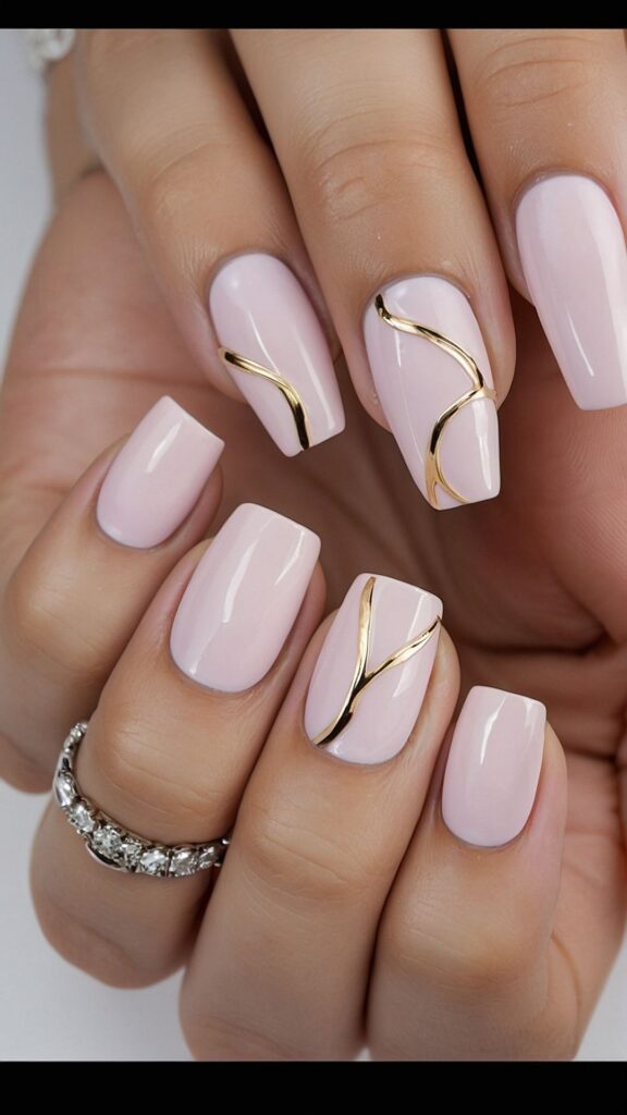 Pink Nails With Gold Lines