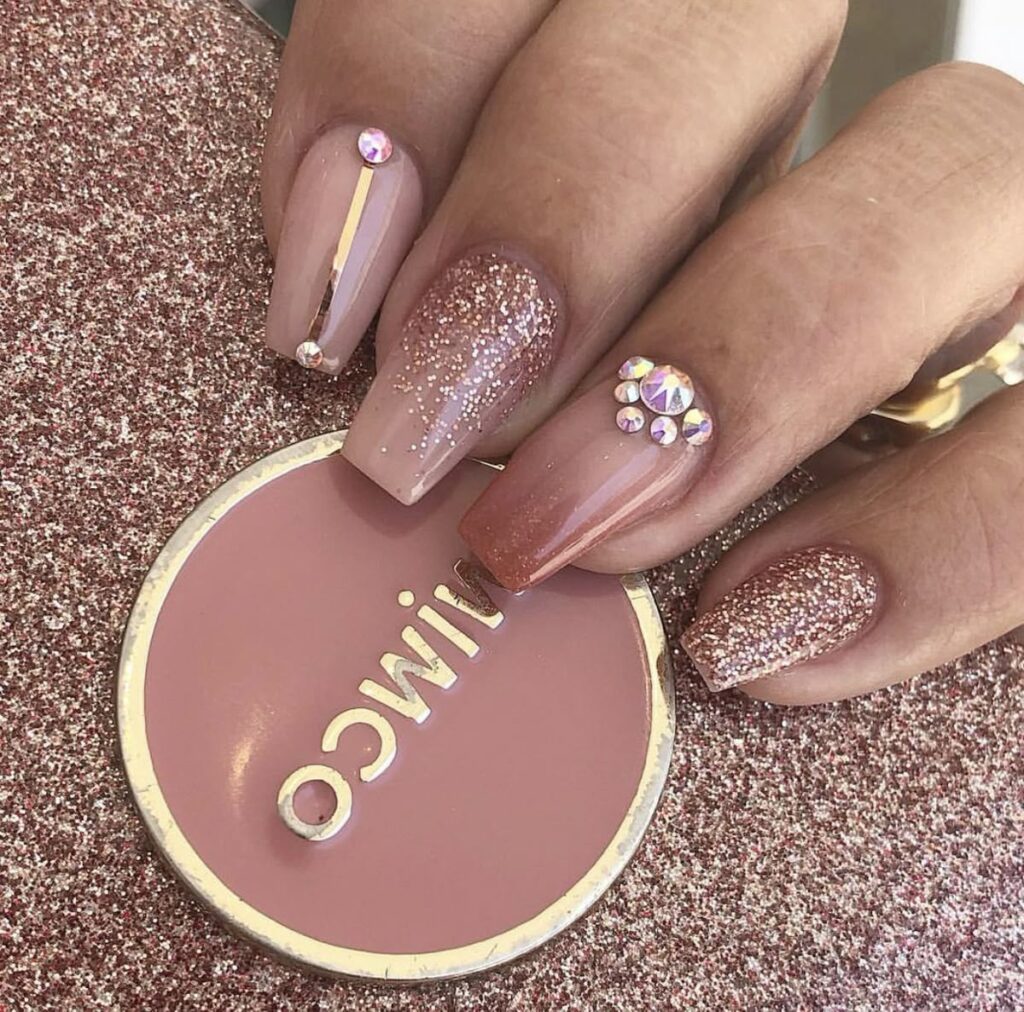 Rose Gold Nails With Rhinestones