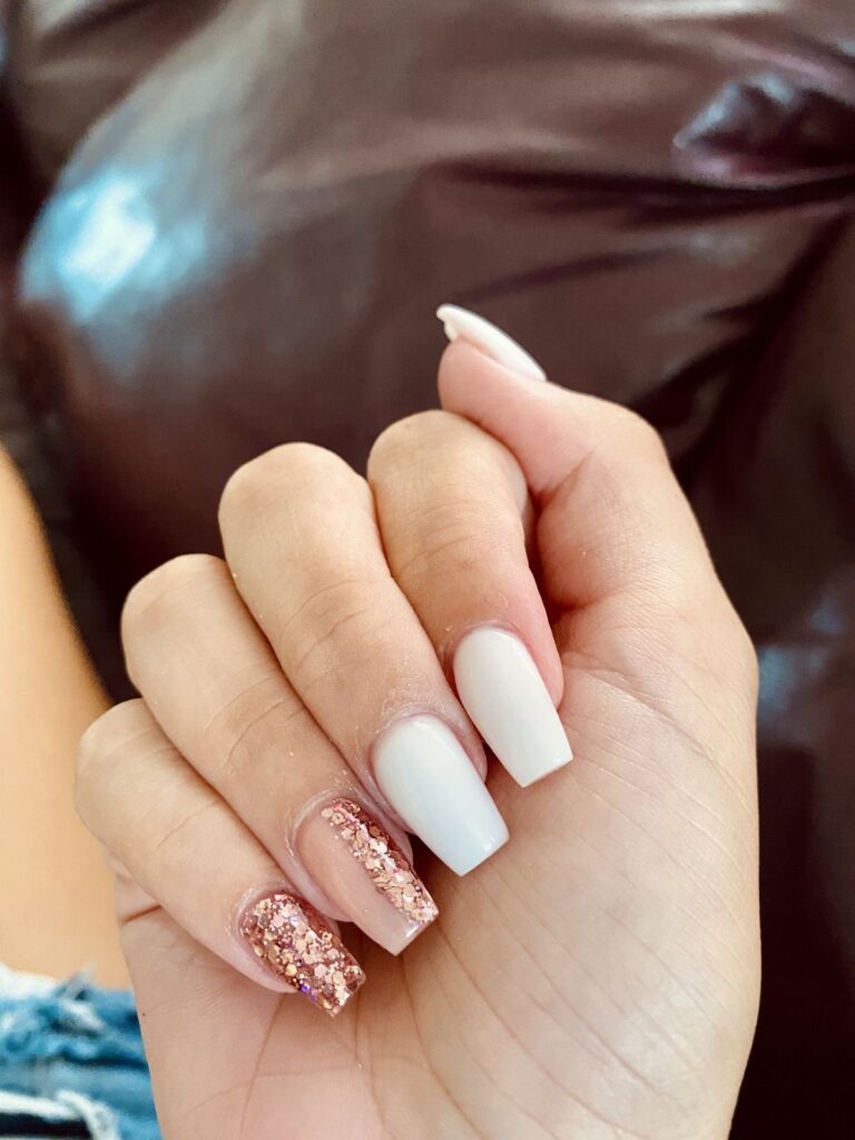 White Nails With Rose Gold Glitter