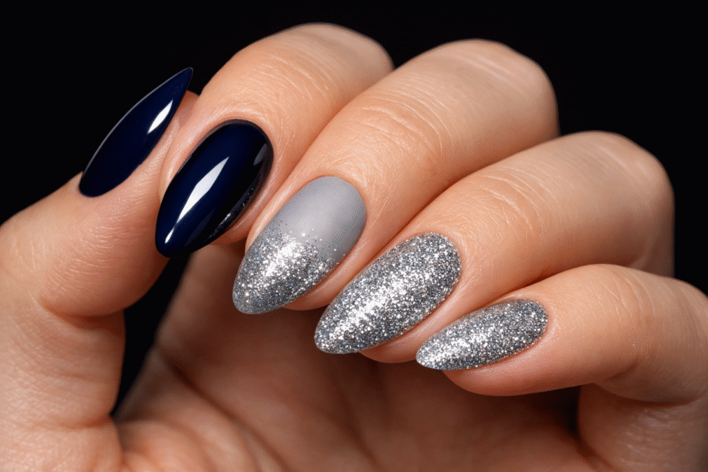 Gray and Navy Accent Nails