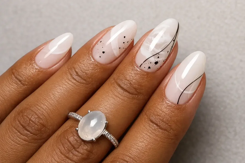 Milky White Marbled Nails With Black Spots