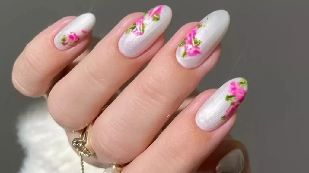 Pink Peony White Nails