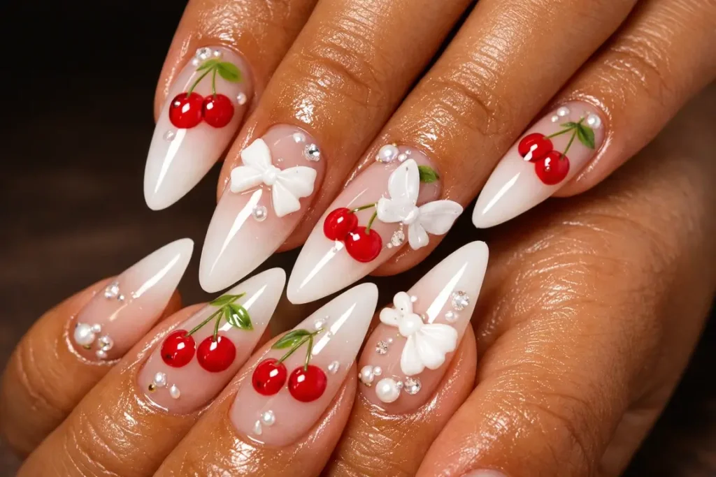 White Coquette Cherry Nails