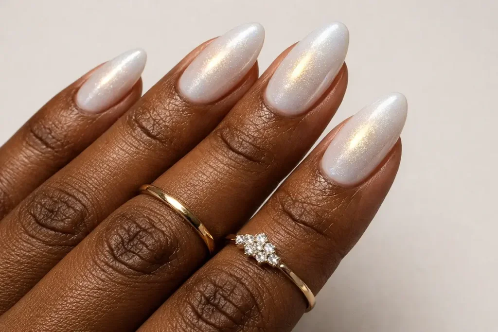 White Pearlescent Almond Nails