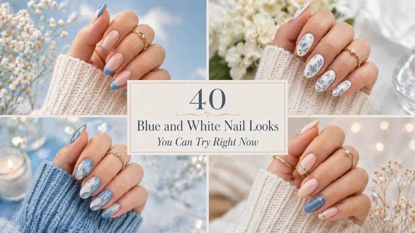 Blue and White Nails