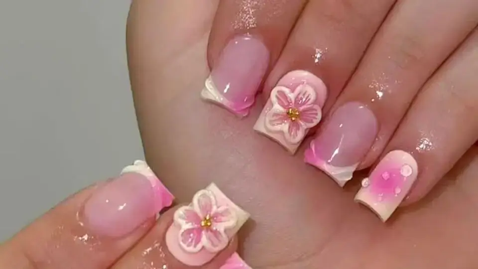 Blush Pink Nails with 3D Flowers