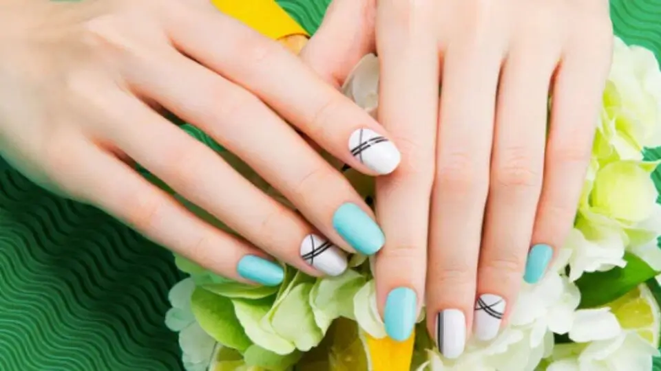 Geometric Blue and White Nails