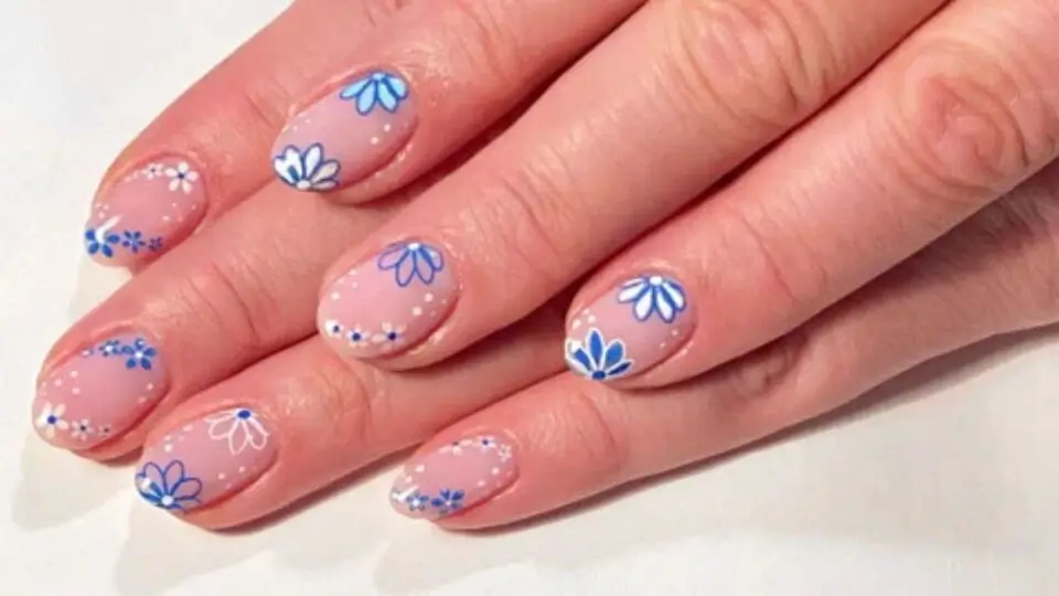 White Base with Blue Floral Accents