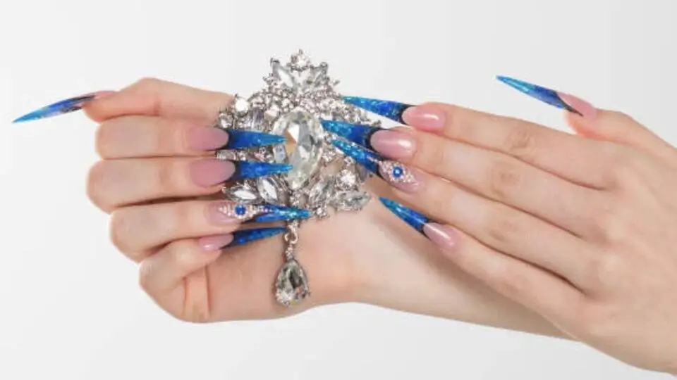 White Nails with Blue Rhinestones