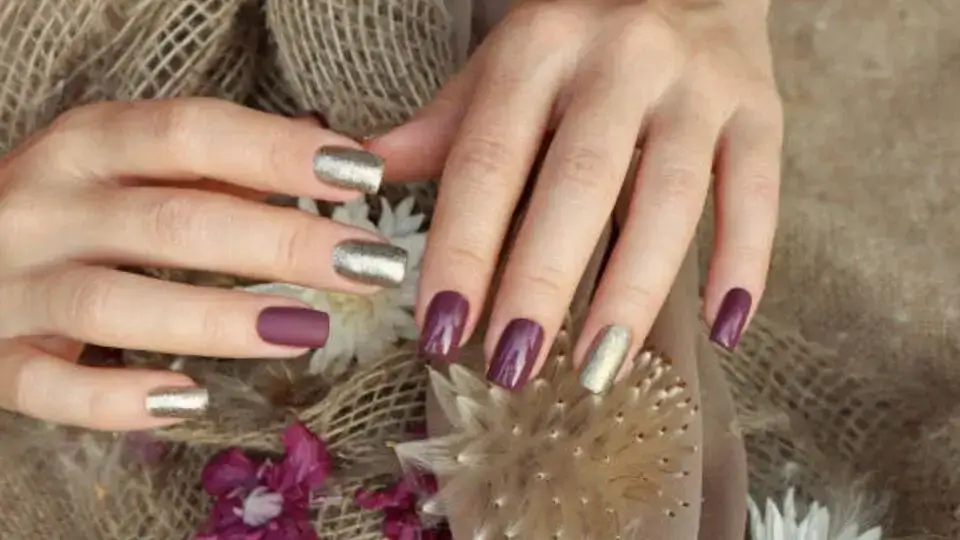 Maroon and Silver Glitter Nails
