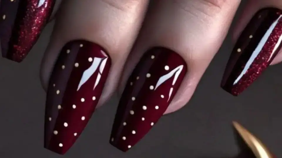 Maroon and White Polka Dot Nails