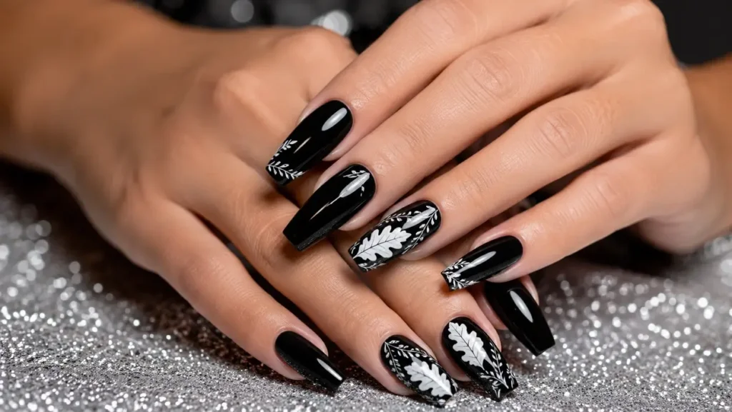 Black Nails with Fall Leaves