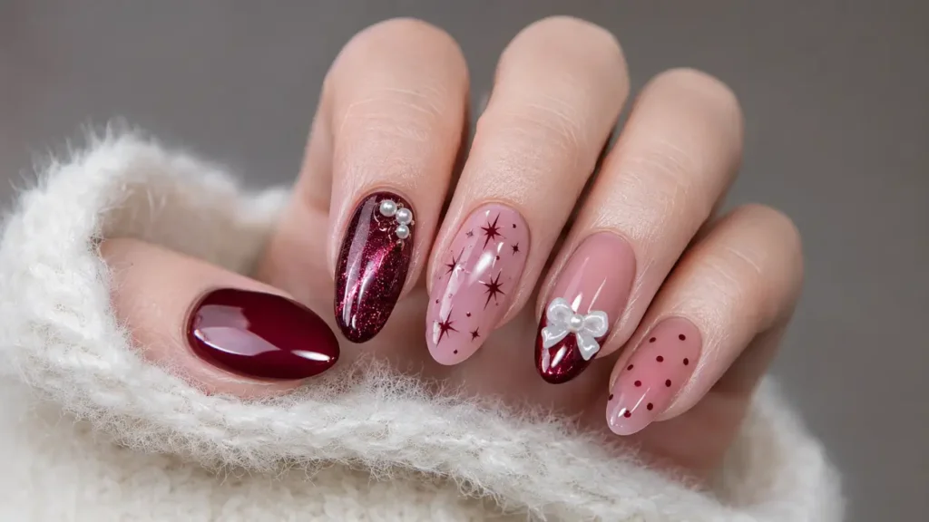 Burgundy and Blush Cat Eye French Tips