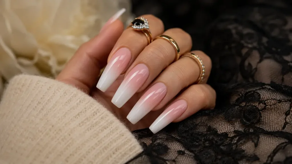 Coffin Pink and White Ombre Nails