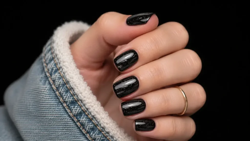 Dark Black Sparkle Nails