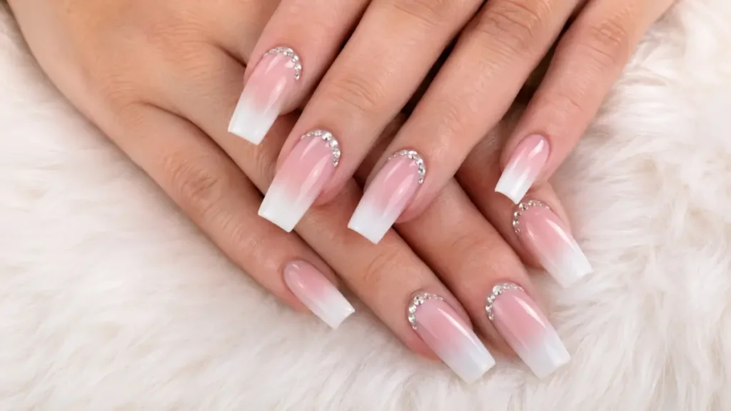 Diamond Pink and White Ombre Nails
