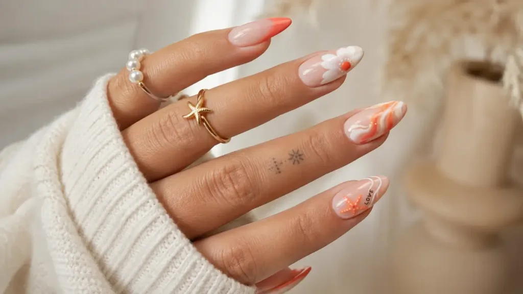 Orange Seashell Nails