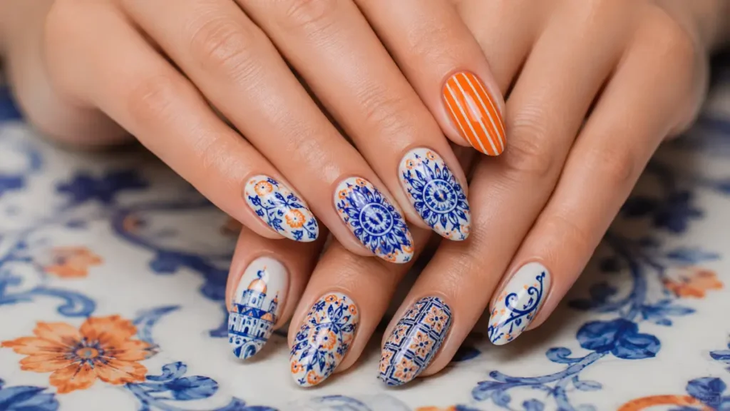 Orange and Blue Nails