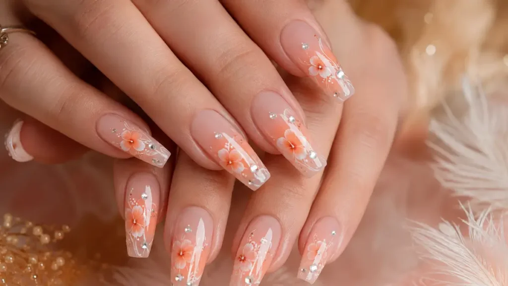 Orange and White Flower Nails