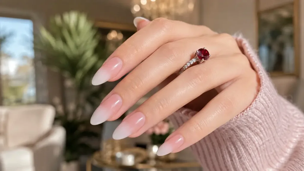 Pink and White Ombré Almond Nails
