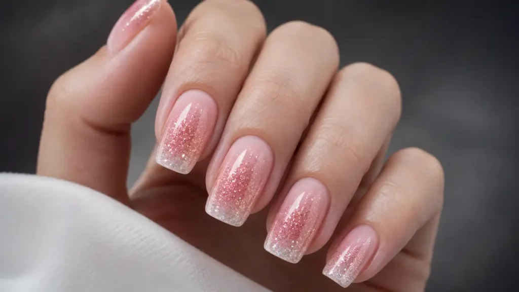 Pink and White Ombre Nails with Glitter