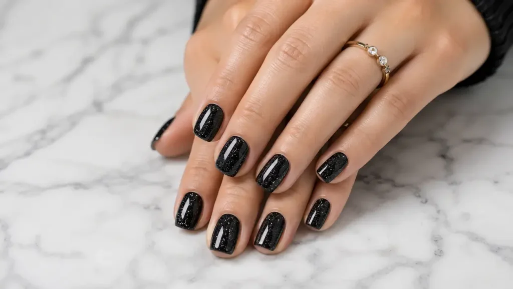 Short Black Glitter Nails