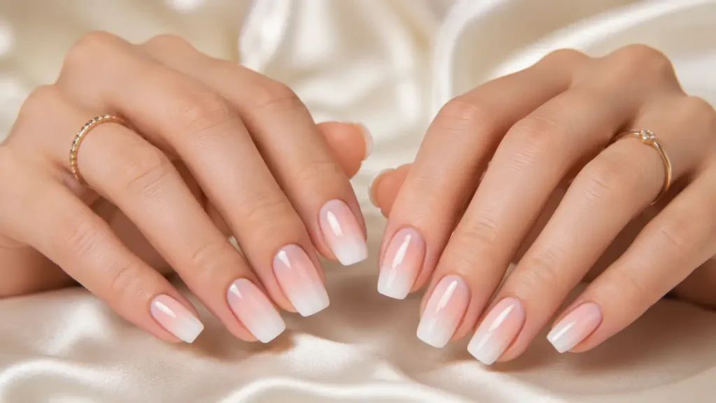 Short Coffin Pink and White Ombre Nails
