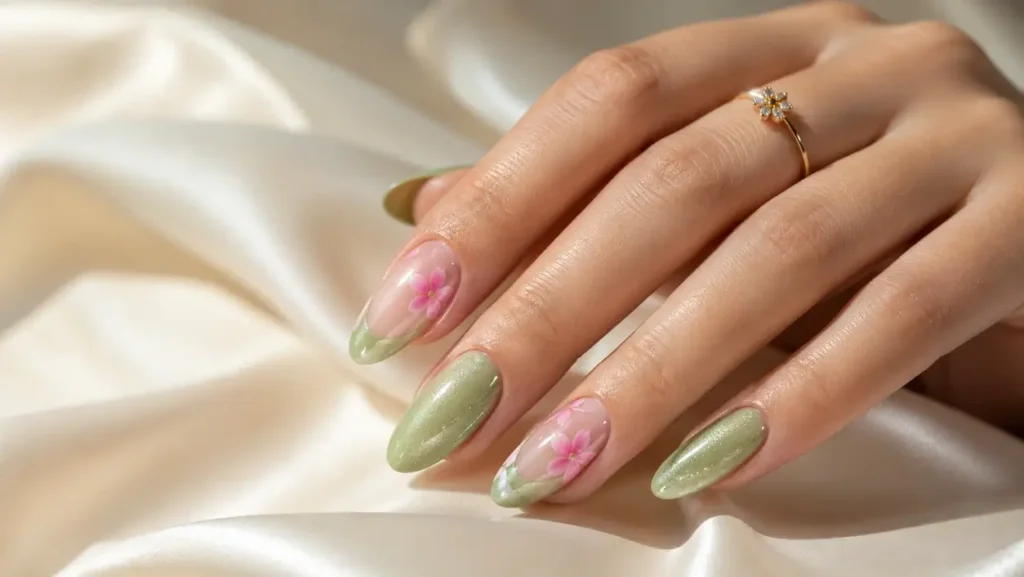 Green Cat Eye Nails with Flowers