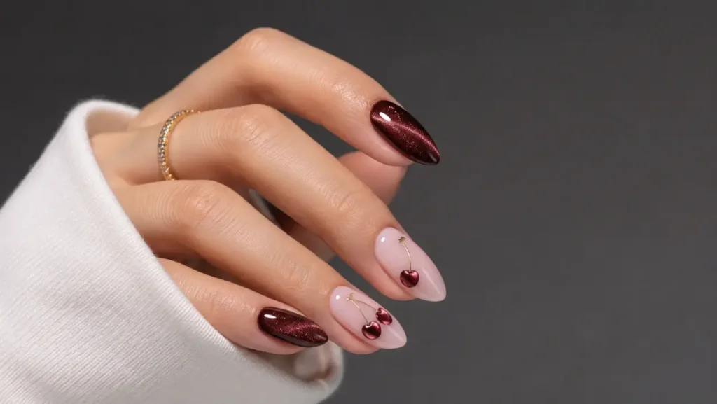 Red Cat Eye Nails with Cherries